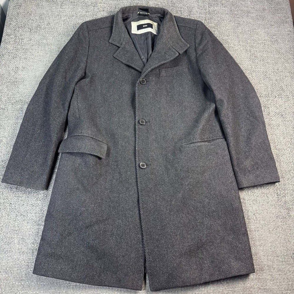 Hugo Boss Pinstripe Overcoat Mens 40R Charcoal Grey Wool Blend Long Jacket